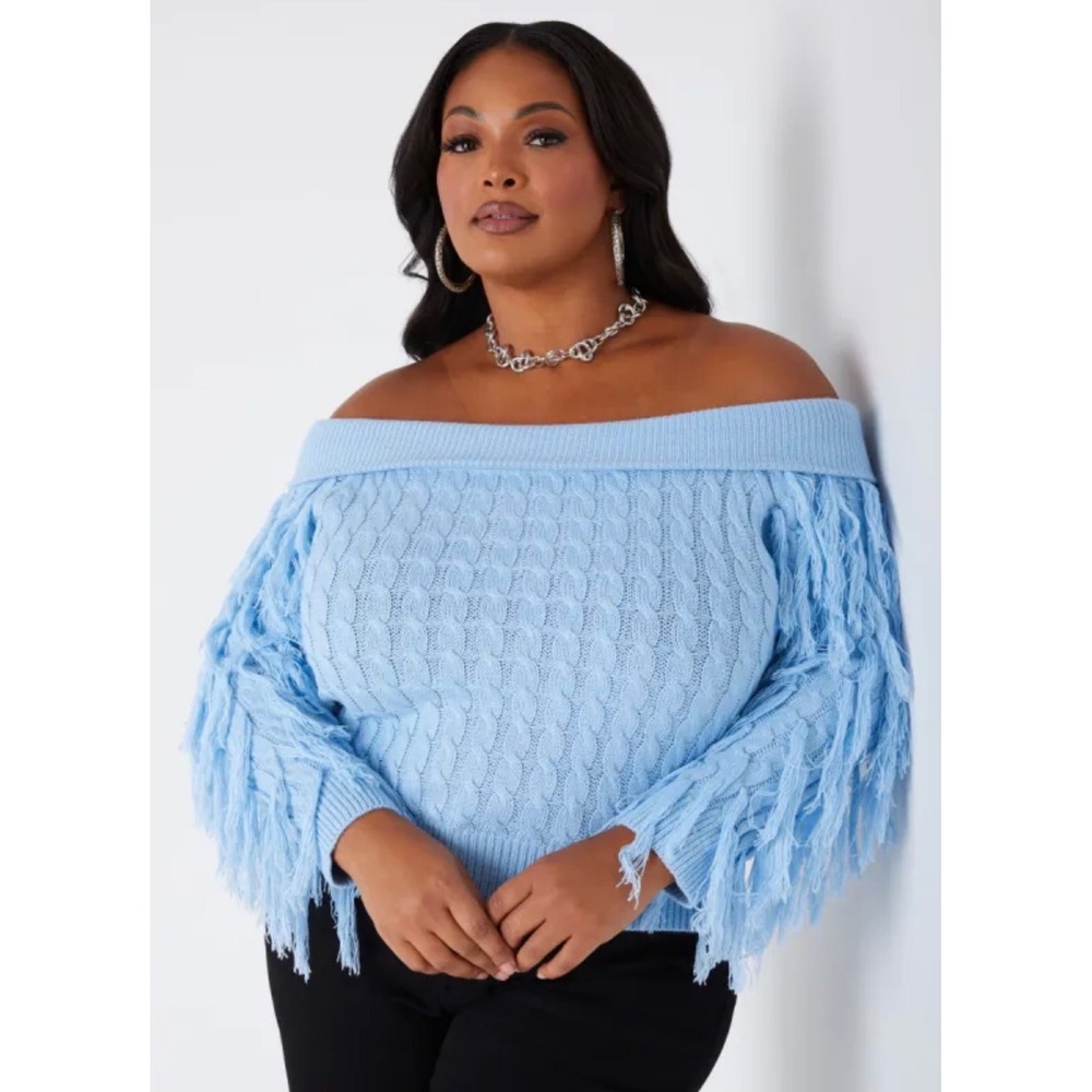 Ashley Stewart Light Blue Cable Knit Off Shoulder‎ Fringe Sweater size 22/24